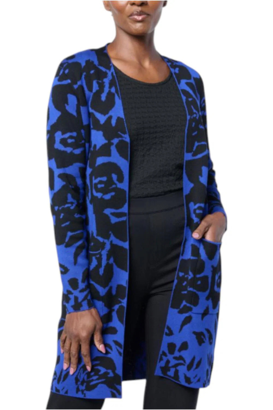 Nina Leonard Women's Sweater Jacquard Cardigan Deep Sapphire/Black - Regular